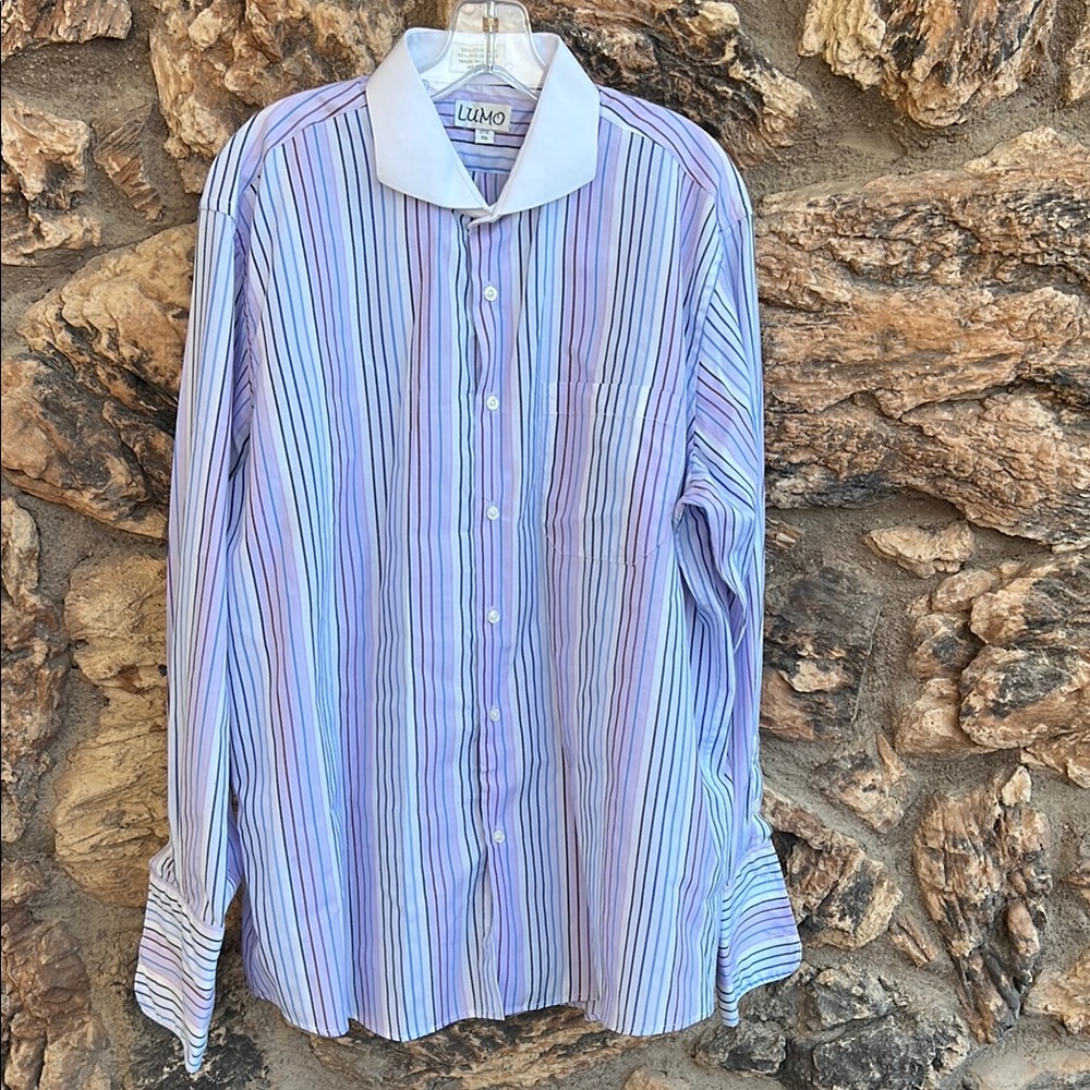 Men's Lumo Striped Shirt purple, blue and white size 17 1/2  4/5